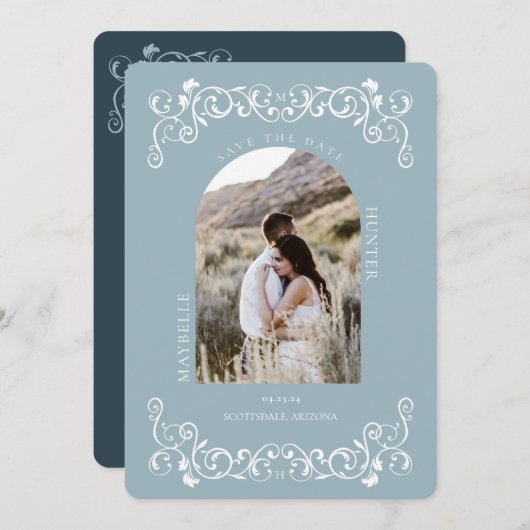  Antiek Vlaanderen met scrollblauw foto Save The Date (Voorkant / Achterkant)