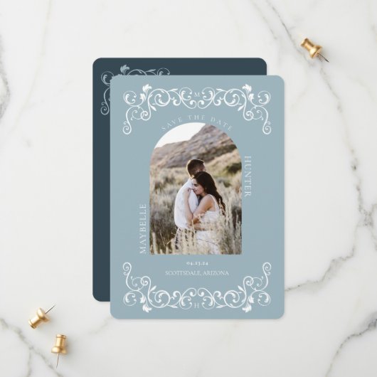 Antiek Vlaanderen met scrollblauw foto Save The Date (Voorkant / Achterkant in situ)