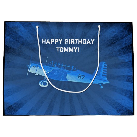 Antiek vliegtuig CUSTOM Retro Blue Groot Cadeauzakje (Achterkant)