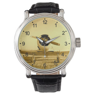 Antiek vliegtuig gouden gele propeller horloge