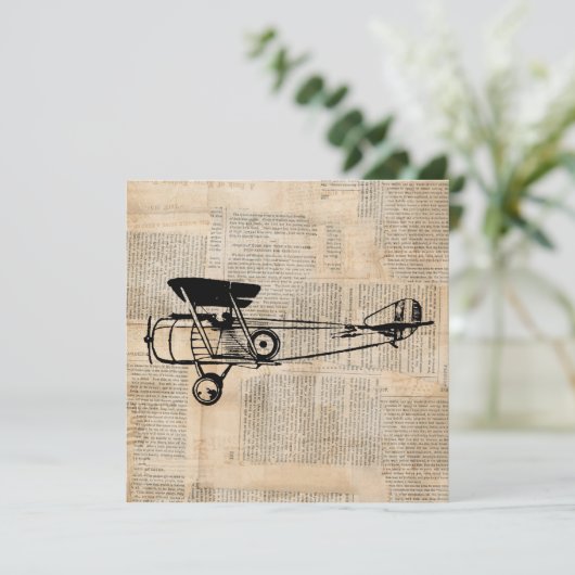  Antiek vliegtuig op krantentekst Kaart (Staand voorkant)