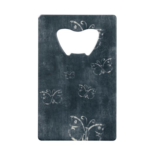 Antiek vlinders op donkerblauw creditkaart flessenopener (Voorkant)