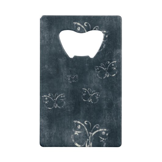 Antiek vlinders op donkerblauw creditkaart flessenopener (Achterkant)