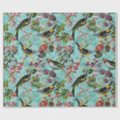 Antiek vogels en bloemen op blauwgroen cadeaupapier (Vlak)