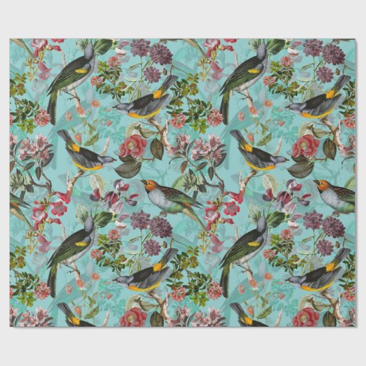 Antiek vogels en bloemen op blauwgroen cadeaupapier (Vlak)