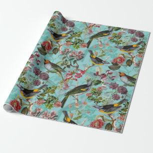 Antiek vogels en bloemen op blauwgroen cadeaupapier