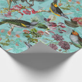 Antiek vogels en bloemen op blauwgroen cadeaupapier (Hoek)