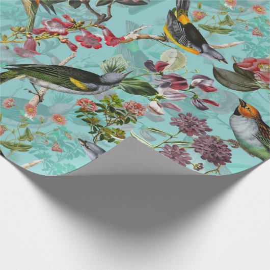 Antiek vogels en bloemen op blauwgroen cadeaupapier (Hoek)