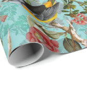 Antiek vogels en bloemen op blauwgroen cadeaupapier (Rol Hoek)