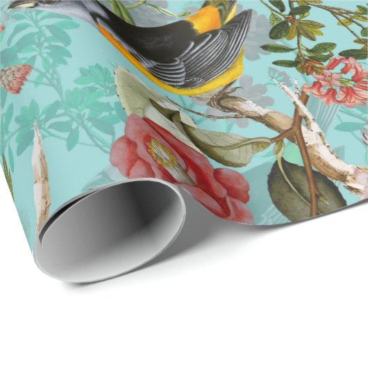 Antiek vogels en bloemen op blauwgroen cadeaupapier (Rol Hoek)