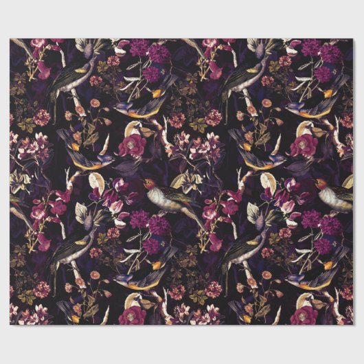 Antiek vogels en bloemen op paars cadeaupapier (Vlak)