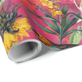 Antiek vogels en bloemen patroon op roze cadeaupapier (Rol Hoek)