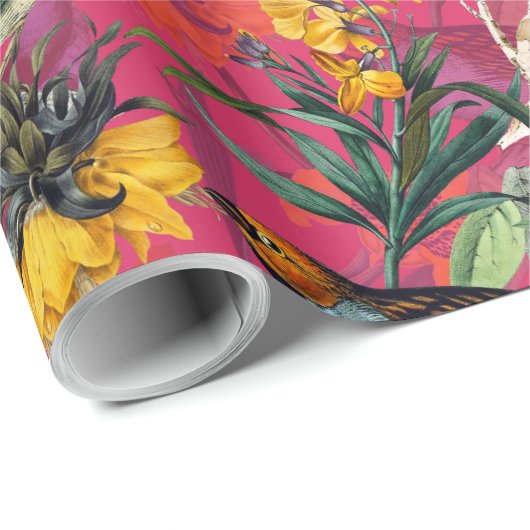 Antiek vogels en bloemen patroon op roze cadeaupapier (Rol Hoek)