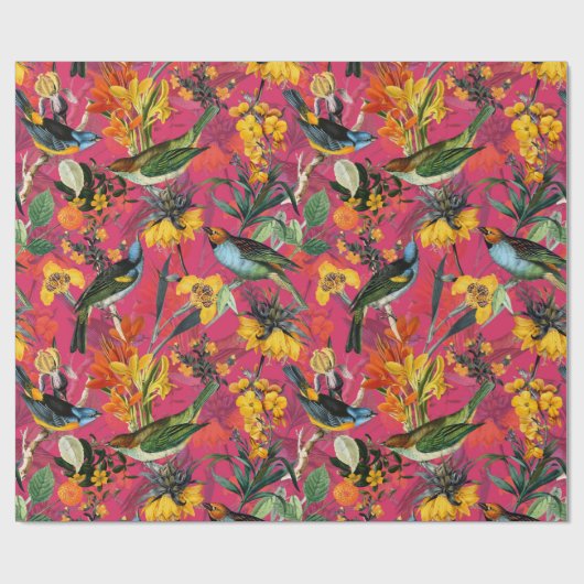 Antiek vogels en bloemen patroon op roze cadeaupapier (Vlak)