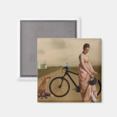 Antiek vrouw met fiets magneet (Voorkant / Achterkant)