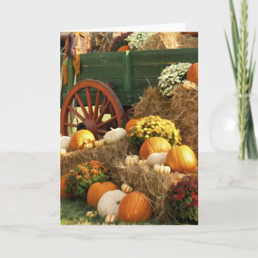 Antiek wagen & pompoen herfstdisplay feestdagen kaart (Voorkant)