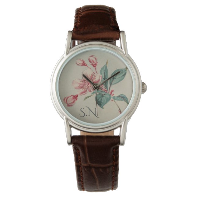 Antiek Waterschildering Bloem Monogram Horloge (Voorkant)