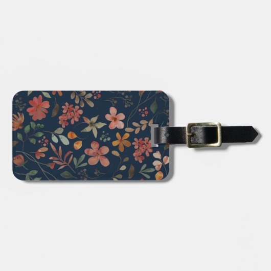 Antiek Waterverf Print Bloemen op Navy Bagagelabel (Voorkant horizontaal)