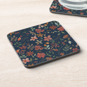 Antiek Waterverf Print Bloemen op Navy Bier Onderzetter