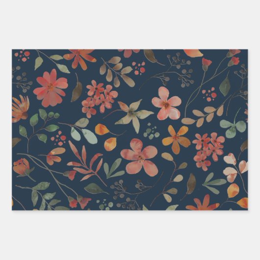 Antiek Waterverf Print Bloemen op Navy Inpakpapier Vel (Voorkant 3)