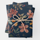 Antiek Waterverf Print Bloemen op Navy Inpakpapier Vel (In situ)