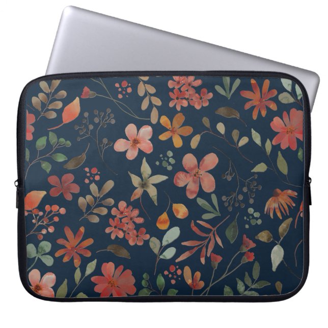 Antiek Waterverf Print Bloemen op Navy Laptop Sleeve (Voorkant)