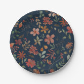 Antiek Waterverf Print Bloemen op Navy Papieren Bordje (Voorkant)