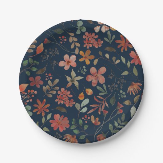 Antiek Waterverf Print Bloemen op Navy Papieren Bordje (Voorkant)