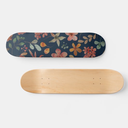 Antiek Waterverf Print Bloemen op Navy Persoonlijk Skateboard (Horizontaal)