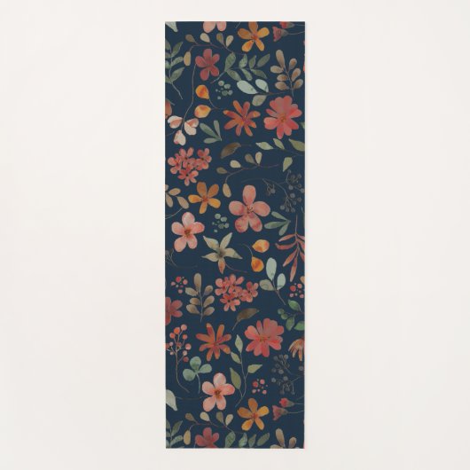 Antiek Waterverf Print Bloemen op Navy Yogamat (Voorkant)