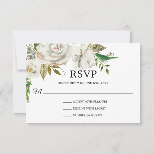 Antiek Waterverf Witte Floral RSVP Kaartje (Voorkant)