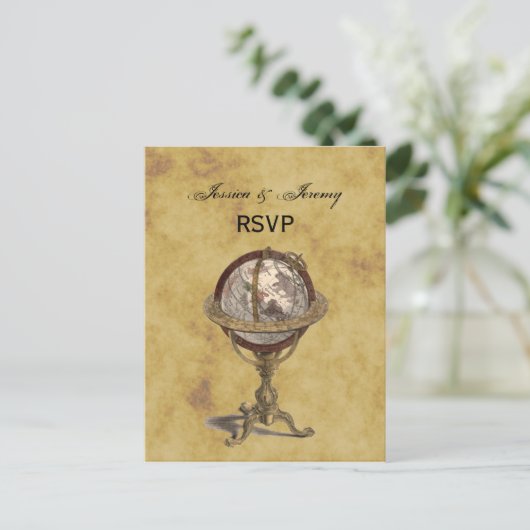 Antiek Wereldbol, BG RSVP met onderdruk Uitnodiging Briefkaart (Staand voorkant)
