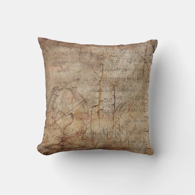Antiek Wereldbol, Rustisch bruin Sierkussen (Voorkant)
