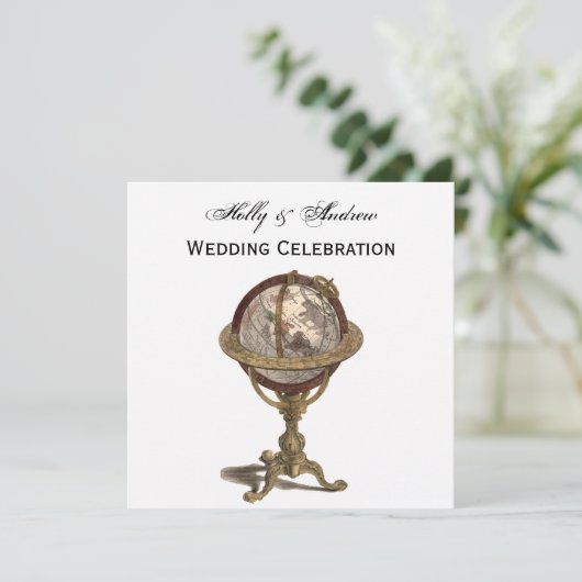 Antiek Wereldbol, Wit BG SQ Bruiloft Kaart (Staand voorkant)