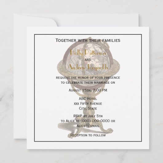 Antiek Wereldbol, Wit BG SQ Bruiloft Kaart (Achterkant)