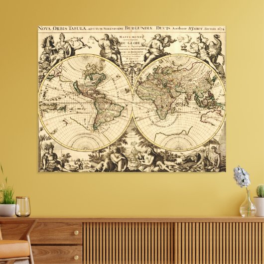 Antiek Wereldkaart, 1694, door Alexis Hubert Jaill Canvas Afdruk (Insitu (Woonkamer))