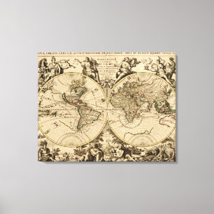 Antiek Wereldkaart, 1694, door Alexis Hubert Jaill Canvas Afdruk