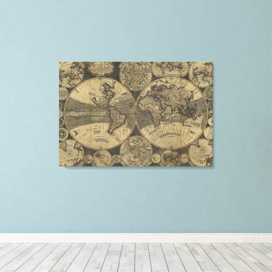  Antiek Wereldkaart 1702 van George Willdey Canvas Afdruk (Insitu (Houten vloer))
