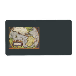 Antiek Wereldkaart Amerika, 1570 Etiket