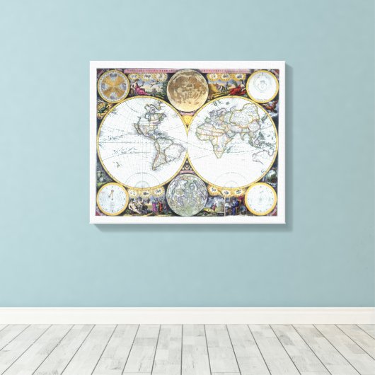 Antiek Wereldkaart, Atlas Maritimus van John Selle Canvas Afdruk (Insitu (Houten vloer))