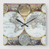 Antiek Wereldkaart, Atlas Maritimus van John Selle Vierkante Klok (Voorkant)