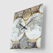 Antiek Wereldkaart, Atlas Maritimus van John Selle Vierkante Klok (Hoek)