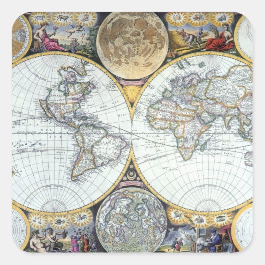 Antiek Wereldkaart, Atlas Maritimus van John Selle Vierkante Sticker (Voorkant)