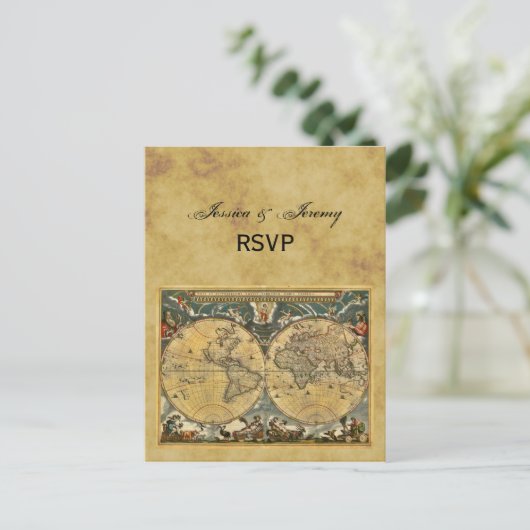 Antiek Wereldkaart, BG RSVP met onderdruk Uitnodiging Briefkaart (Staand voorkant)