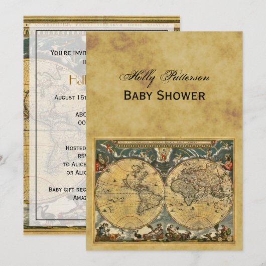 Antiek Wereldkaart, BG V-Baby shower Kaart (Voorkant / Achterkant)