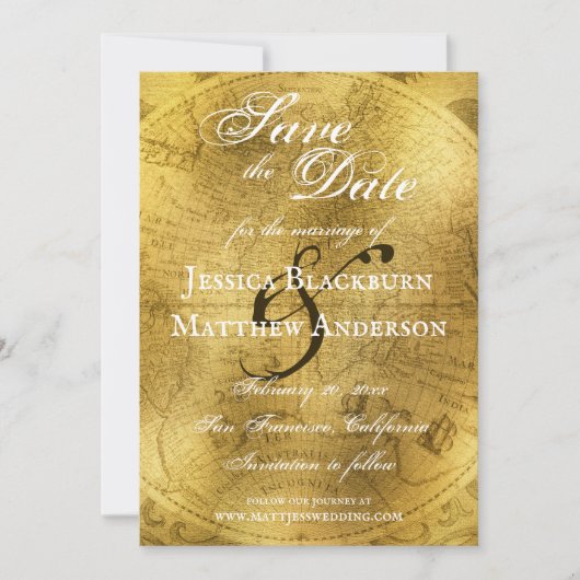 Antiek Wereldkaart Faux Gold Foil  Save The Date (Voorkant)