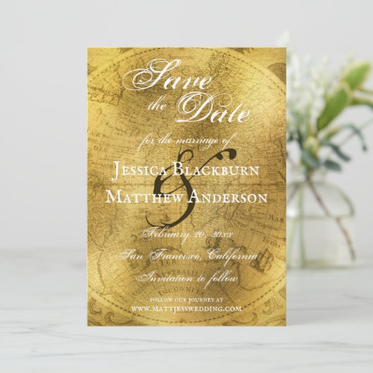 Antiek Wereldkaart Faux Gold Foil Save The Date (Staand voorkant)