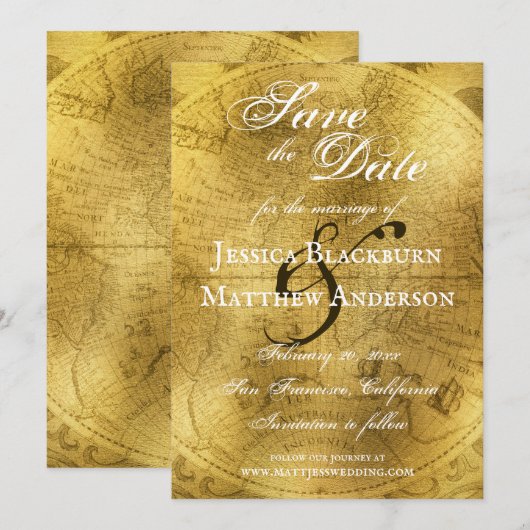 Antiek Wereldkaart Faux Gold Foil  Save The Date (Voorkant / Achterkant)
