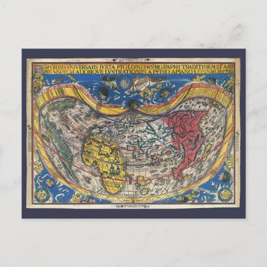 Antiek Wereldkaart Heart Shaped van Peter Apian 15 Briefkaart (Voorkant)