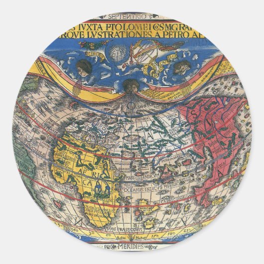 Antiek Wereldkaart Heart Shaped van Peter Apian 15 Ronde Sticker (Voorkant)